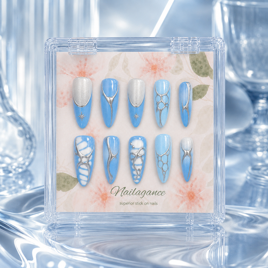 Blue Mirage - Blue Silver Chrome 3D Press On Nails