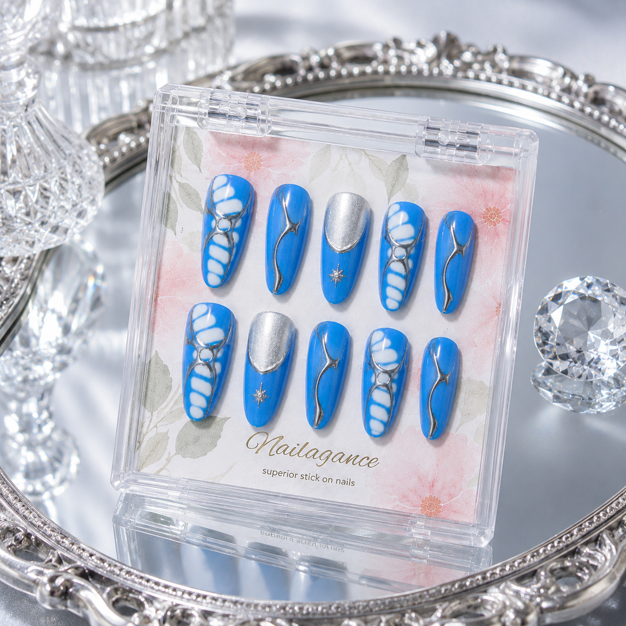 Blue Mirage - Blue Silver Chrome 3D Press On Nails