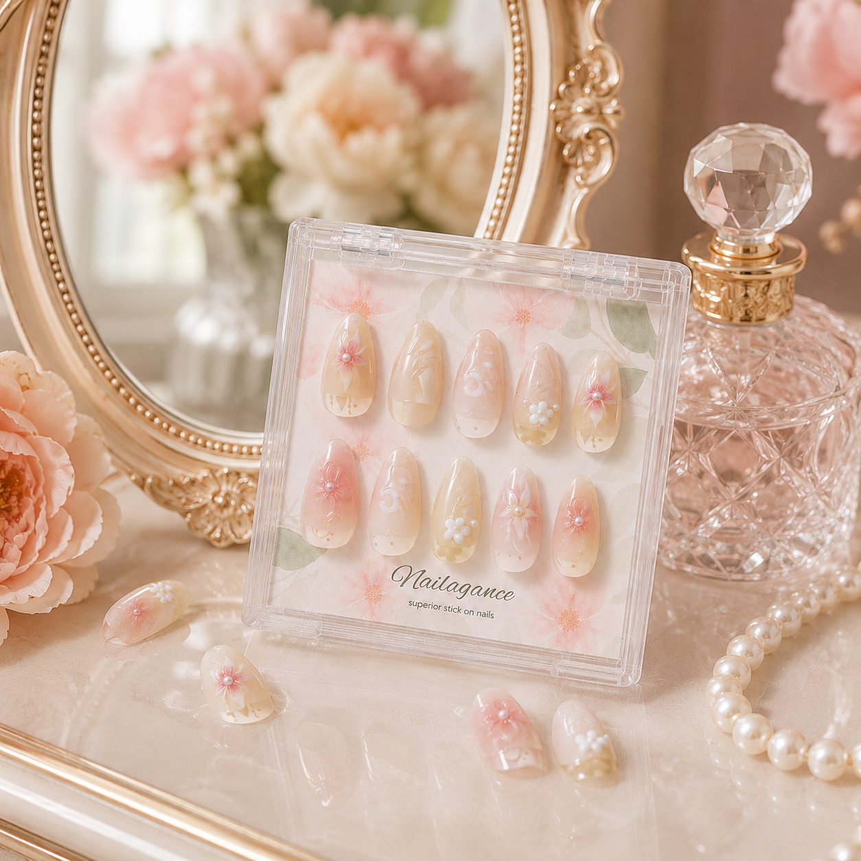 Petal Heirloom | Blush Floral Pearl Press On Nails