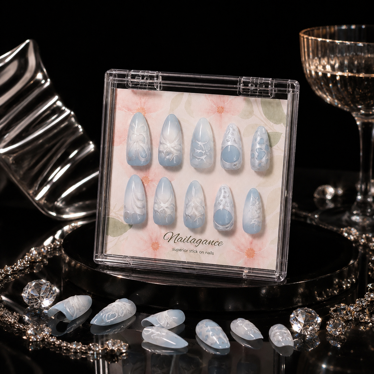 Iced Angel -- Baby Blue 3D Press On Nails