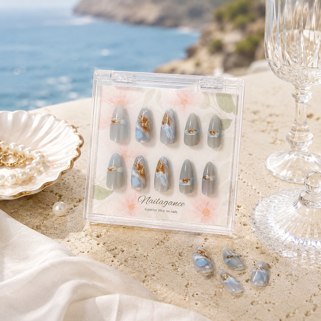 Ocean Veil -- Blue Grey Marble Press On Nails