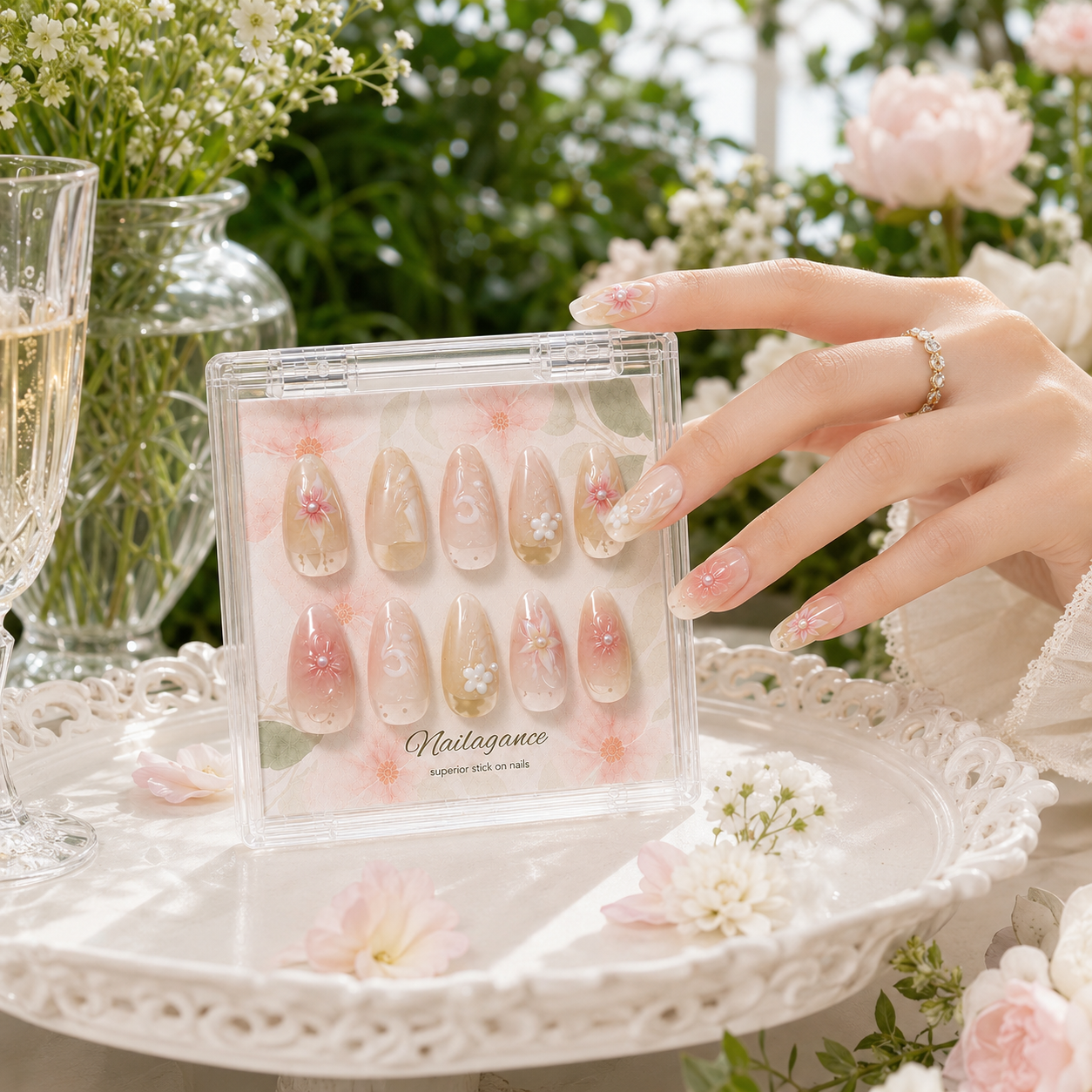 Petal Heirloom | Blush Floral Pearl Press On Nails