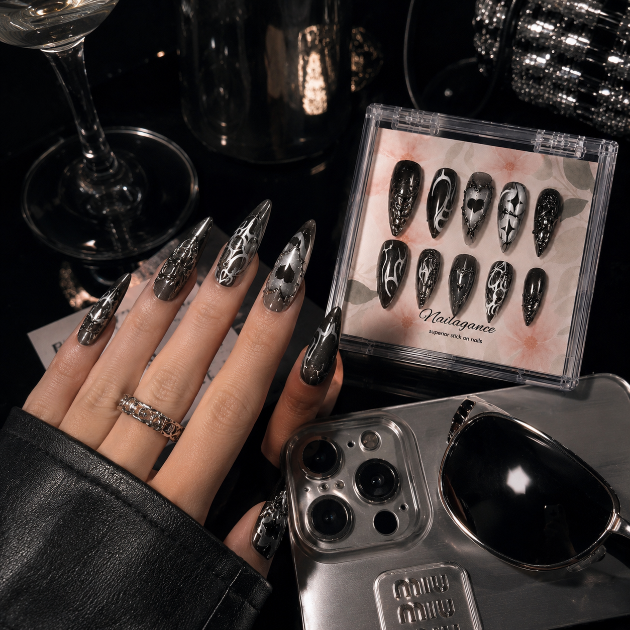 Chrome Noir -- Black Silver 3D Press On Nails