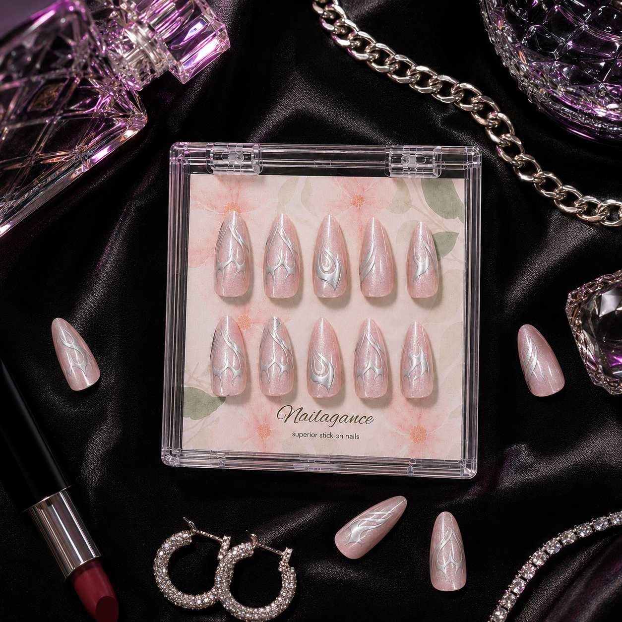 Blush After Dark -- Pink Silver Chrome Press On Nails