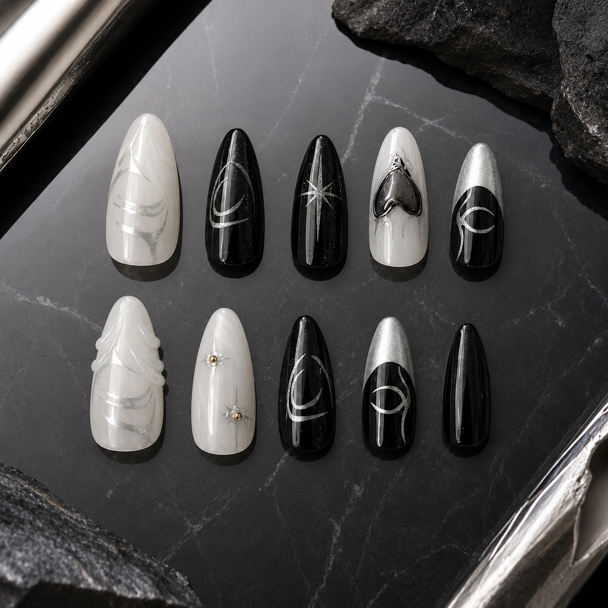 Black Tie Angel - Black White Chrome 3D Press On Nails