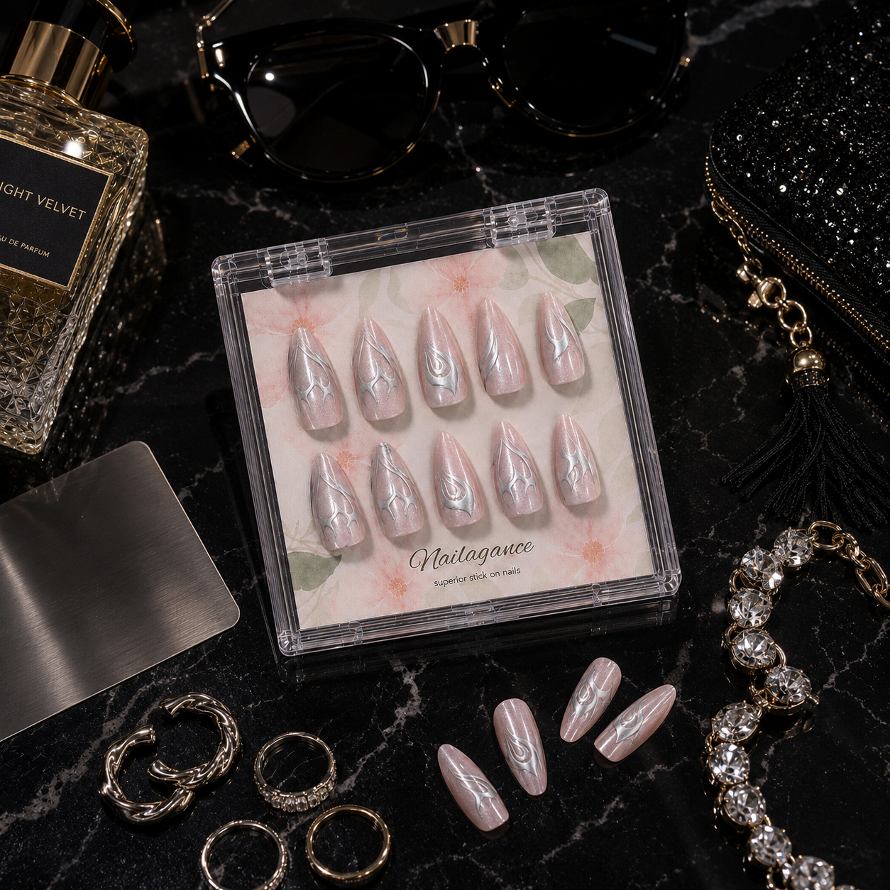 Blush After Dark -- Pink Silver Chrome Press On Nails