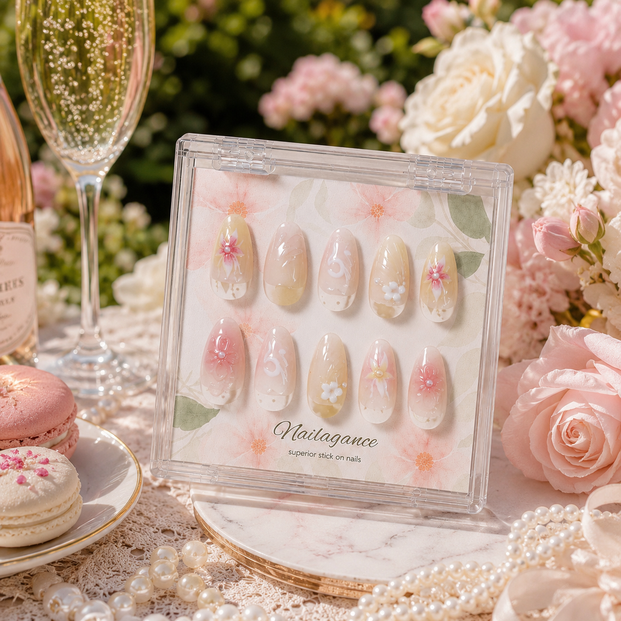 Petal Heirloom | Blush Floral Pearl Press On Nails