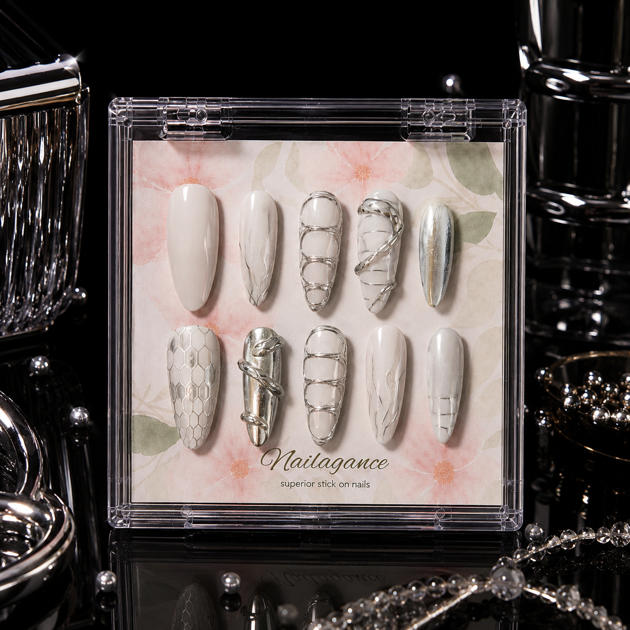 Liquid Moon -- Silver Chrome 3D Party Press-On Nails