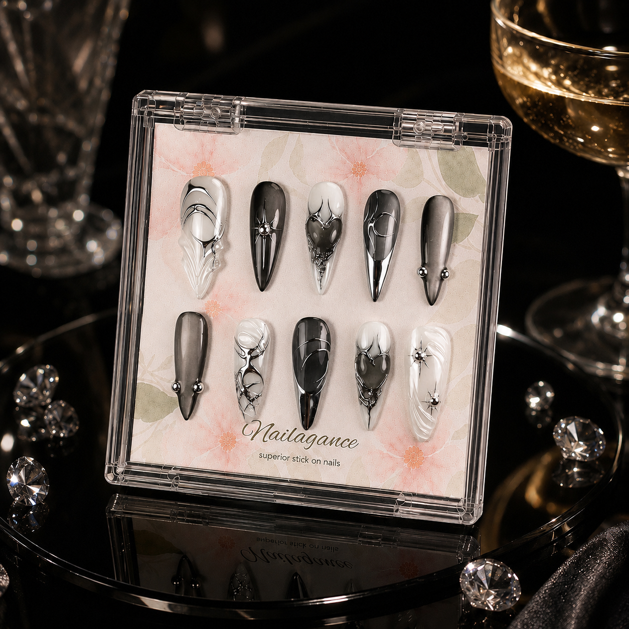 Black Tie Angel -- Black White Chrome 3D Press On Nails