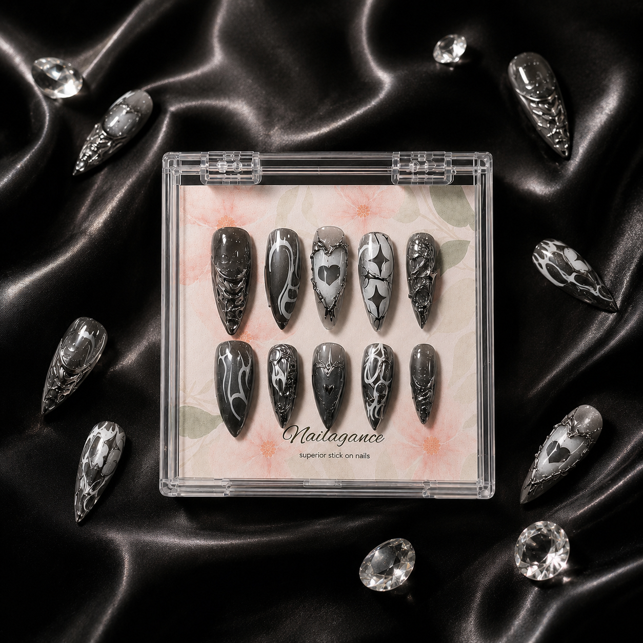 Chrome Noir -- Black Silver 3D Press On Nails