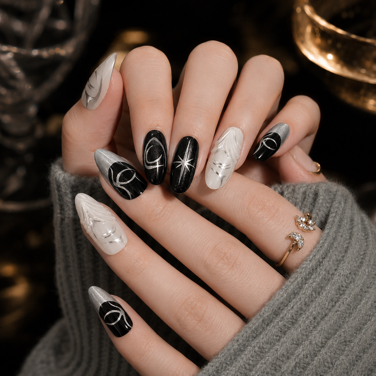 Black Tie Angel - Black White Chrome 3D Press On Nails