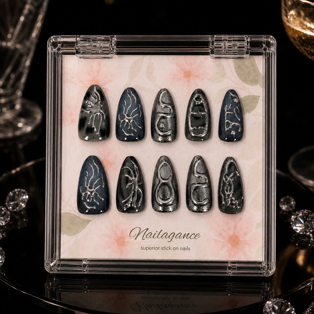 Midnight Venom - Black Silver 3D Press On Nails