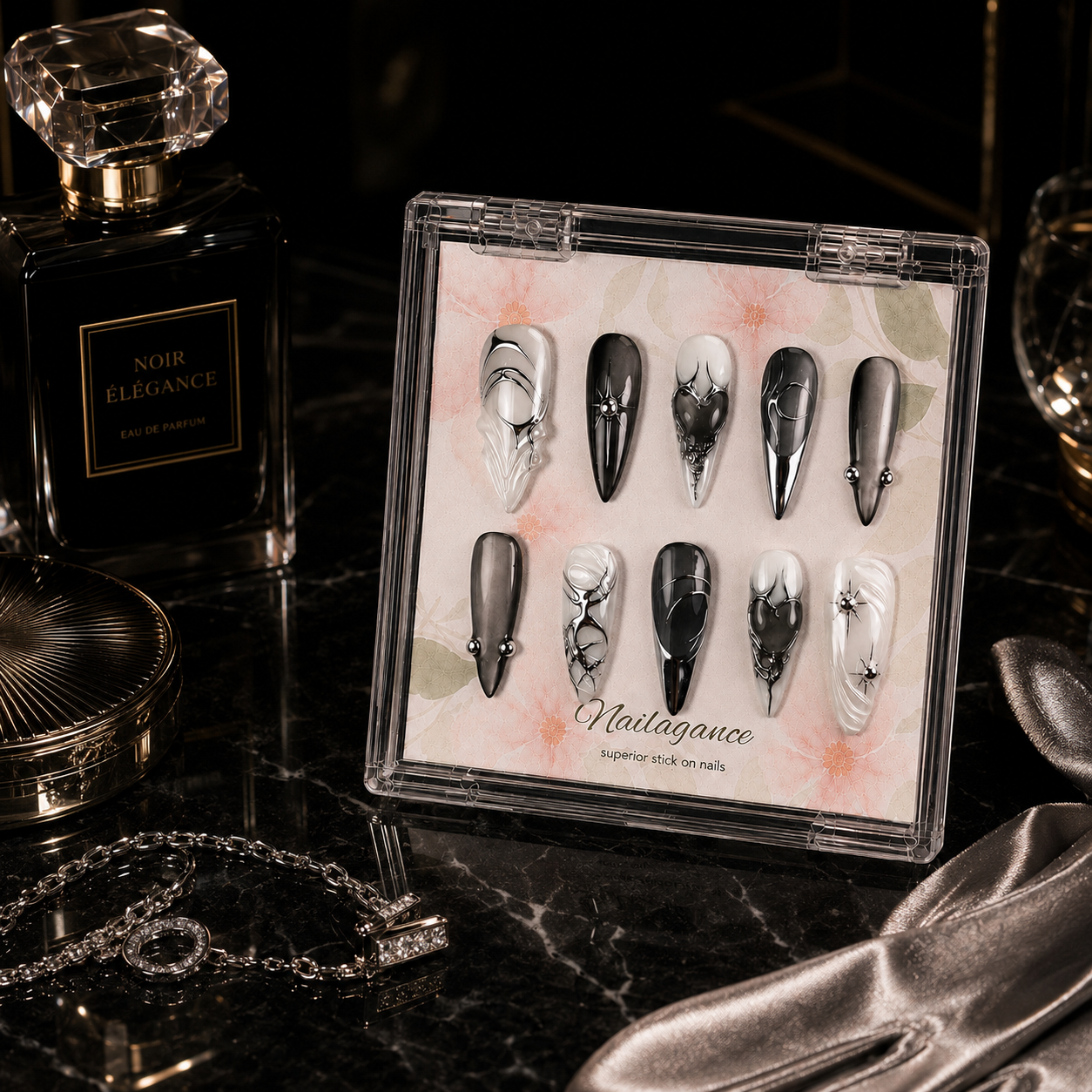 Black Tie Angel -- Black White Chrome 3D Press On Nails