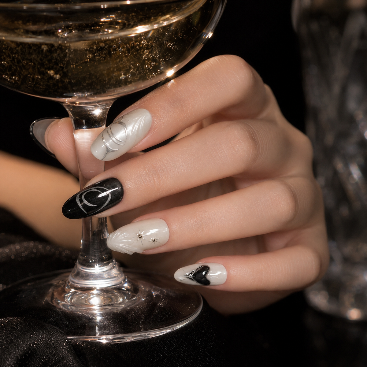 Black Tie Angel - Black White Chrome 3D Press On Nails