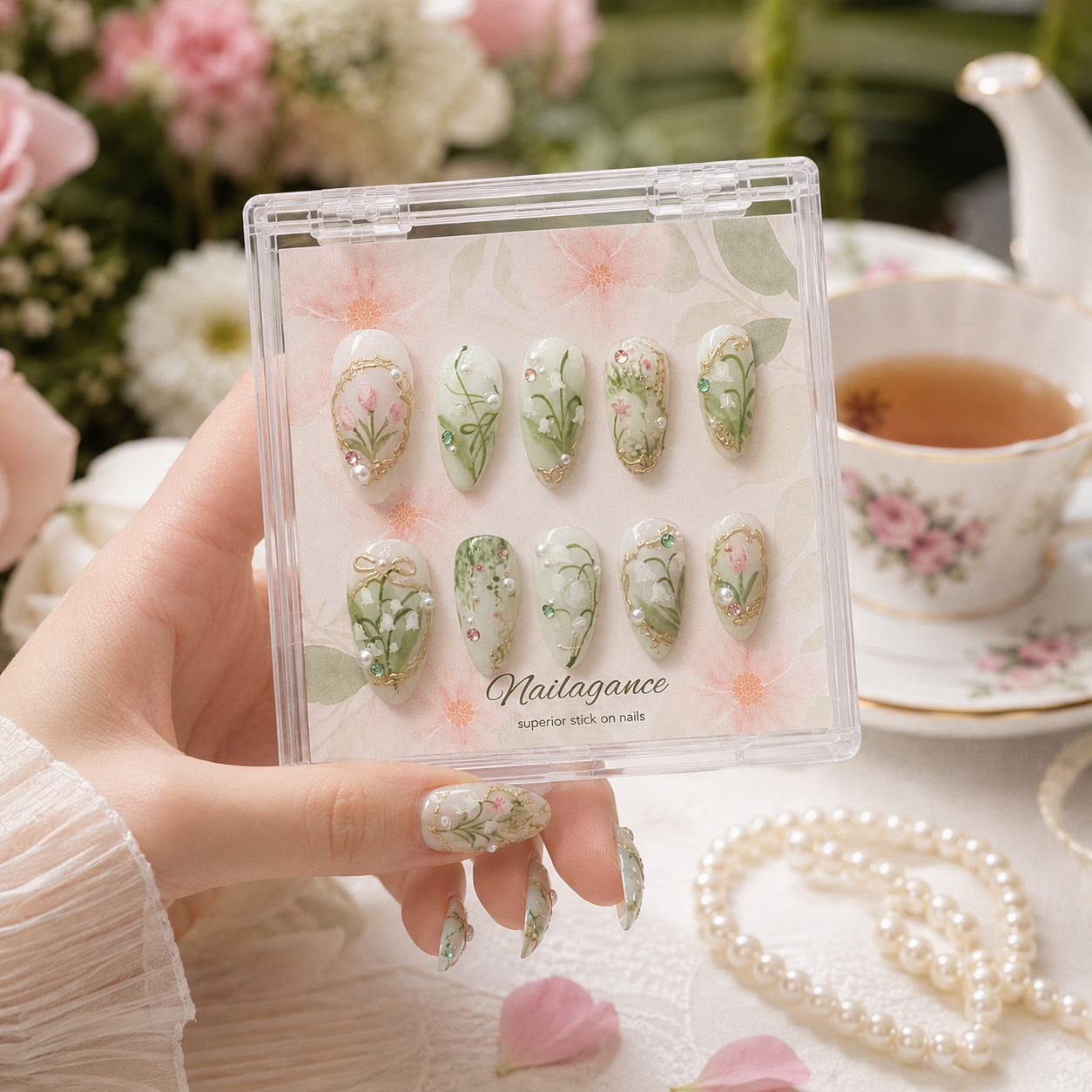 Garden Heiress -- Sage Green Floral 3D Press On Nails