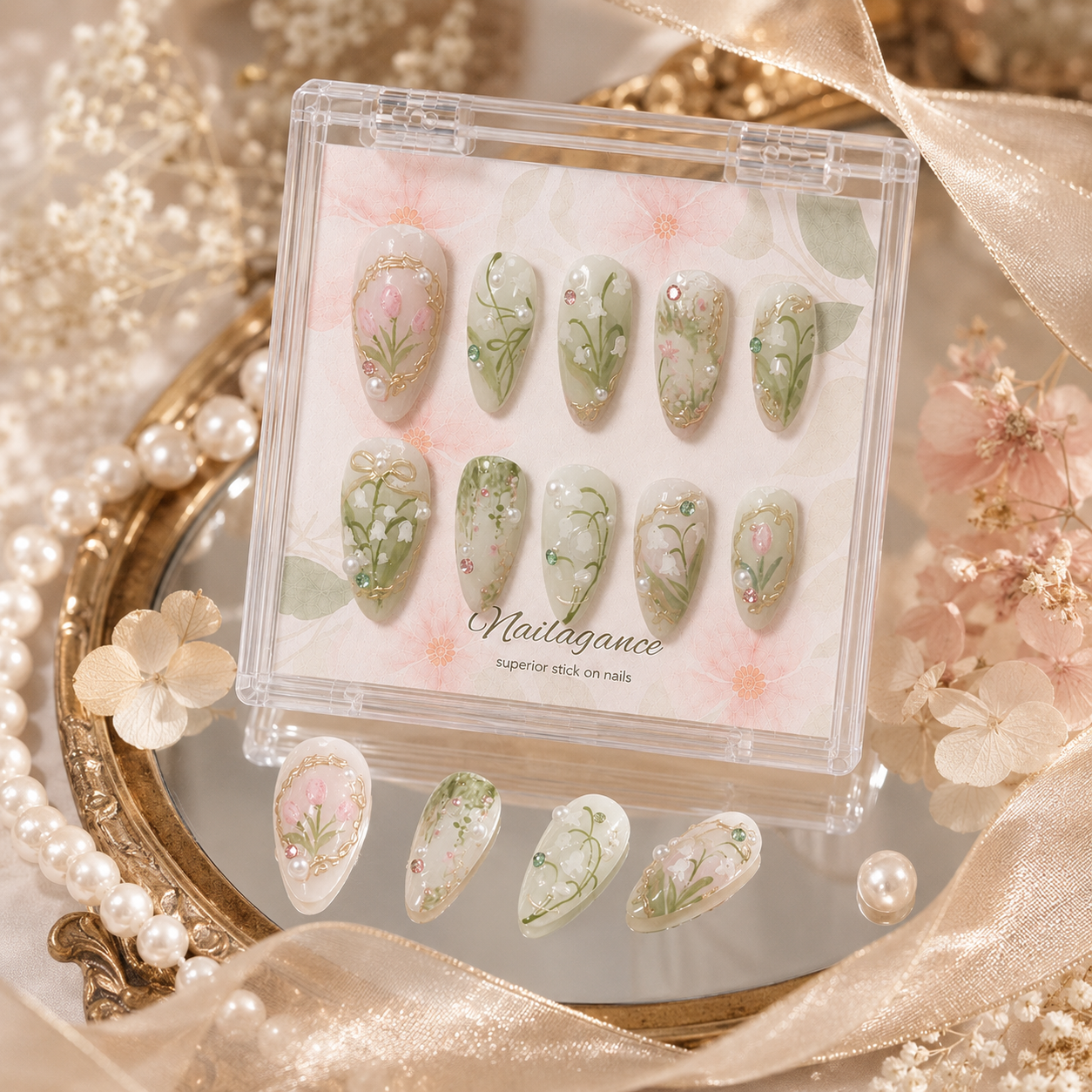 Garden Heiress -- Sage Green Floral 3D Press On Nails