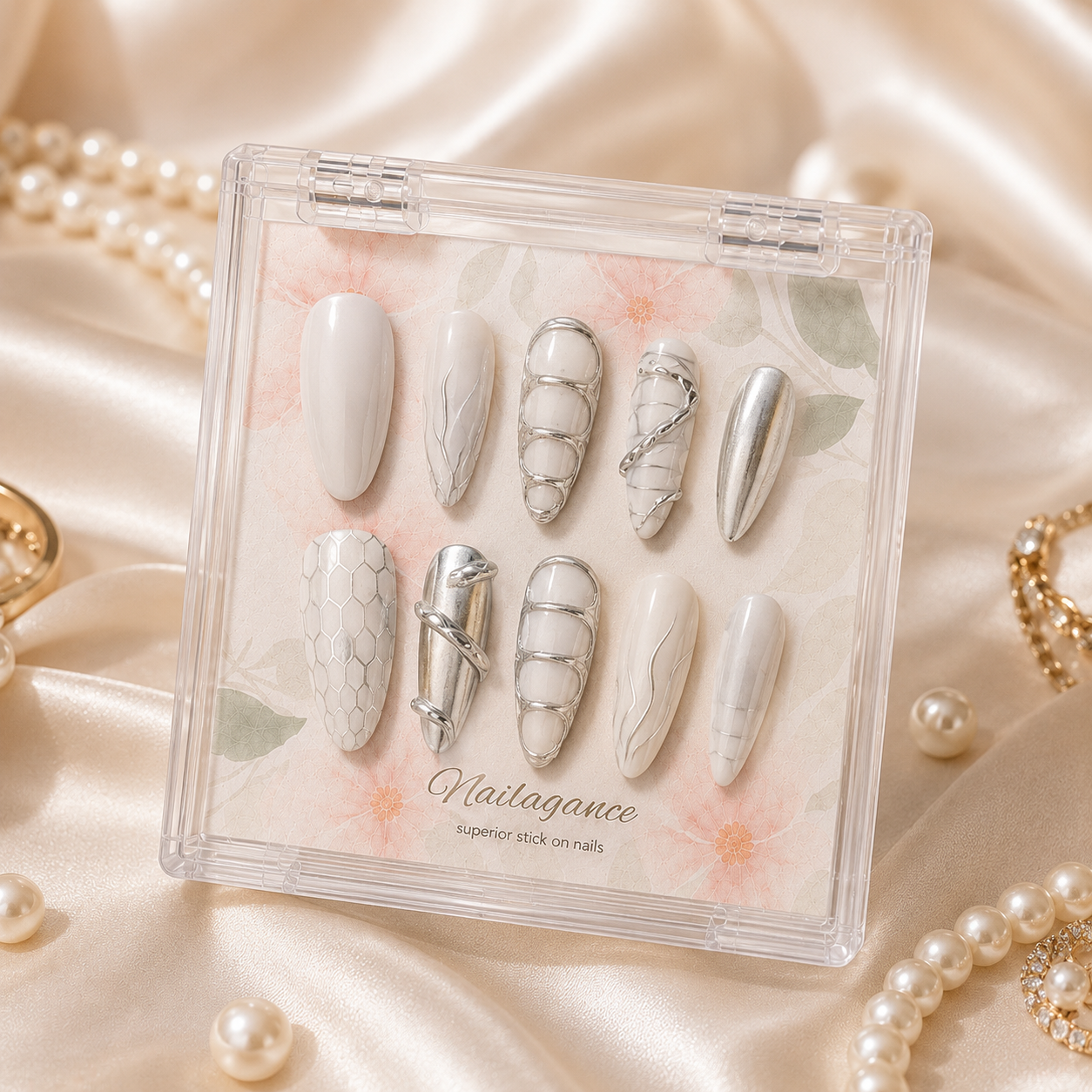 Liquid Moon -- Silver Chrome 3D Party Press-On Nails