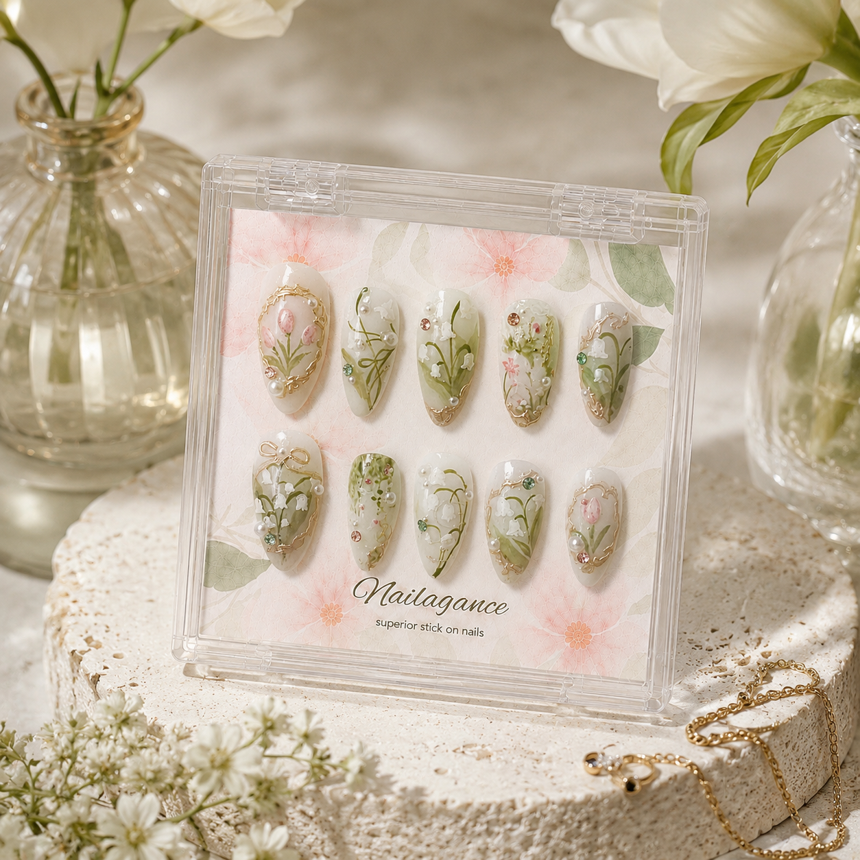 Garden Heiress -- Sage Green Floral 3D Press On Nails