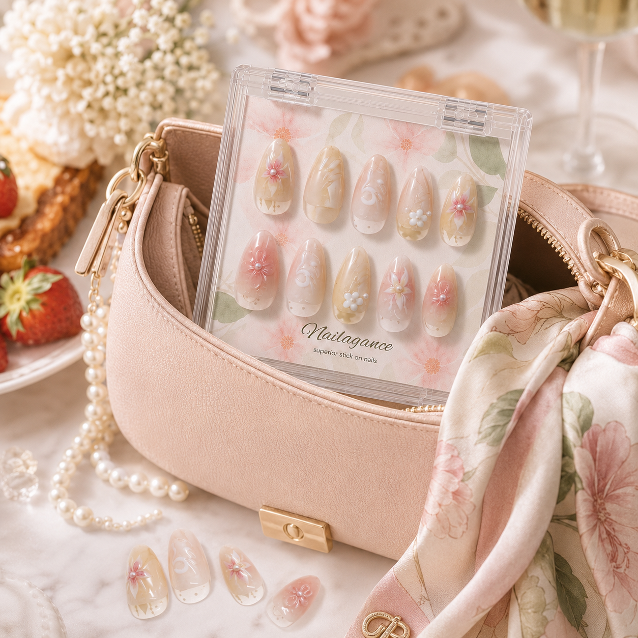 Petal Heirloom | Blush Floral Pearl Press On Nails