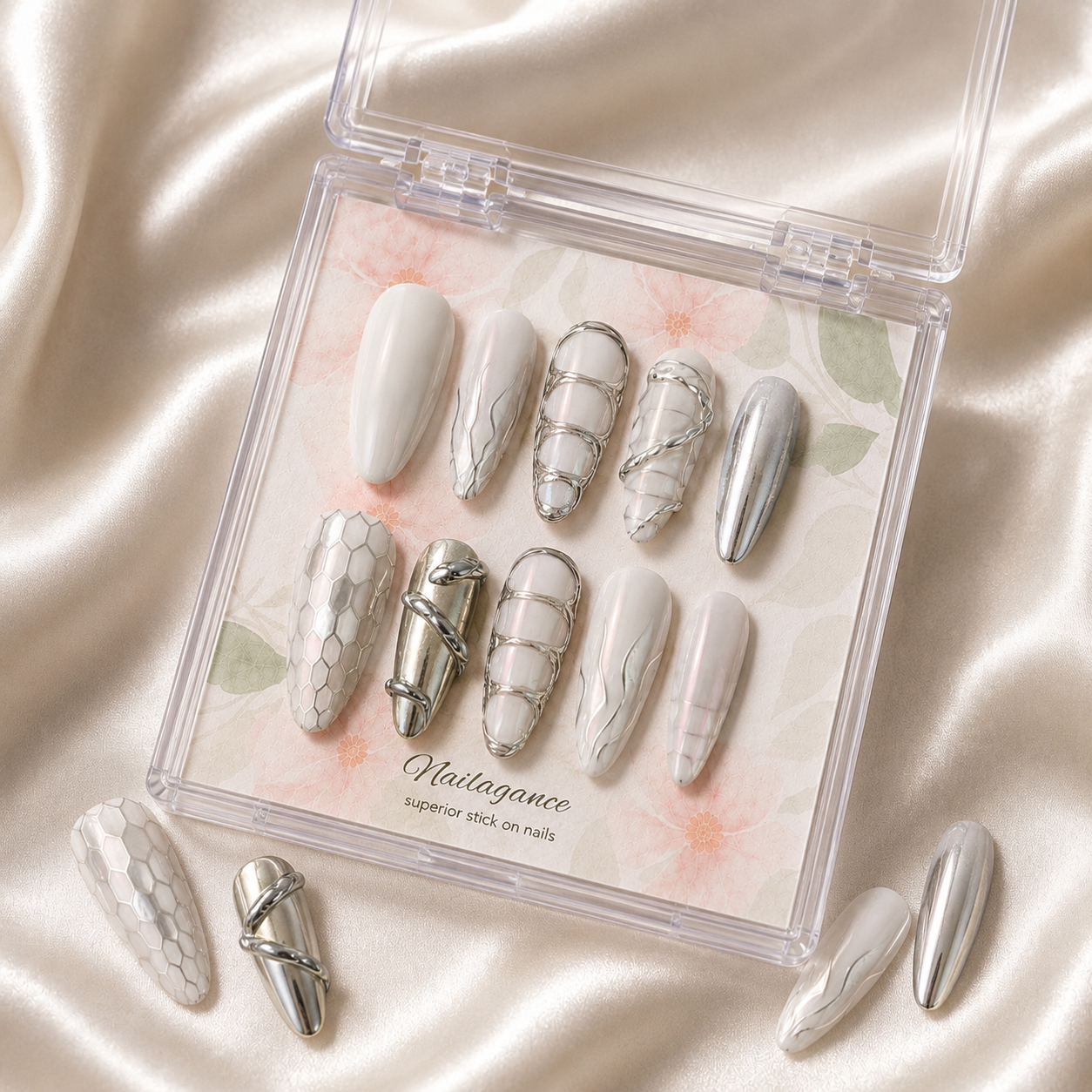 Liquid Moon -- Silver Chrome 3D Party Press-On Nails