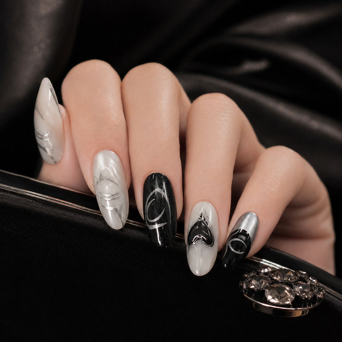 Black Tie Angel - Black White Chrome 3D Press On Nails