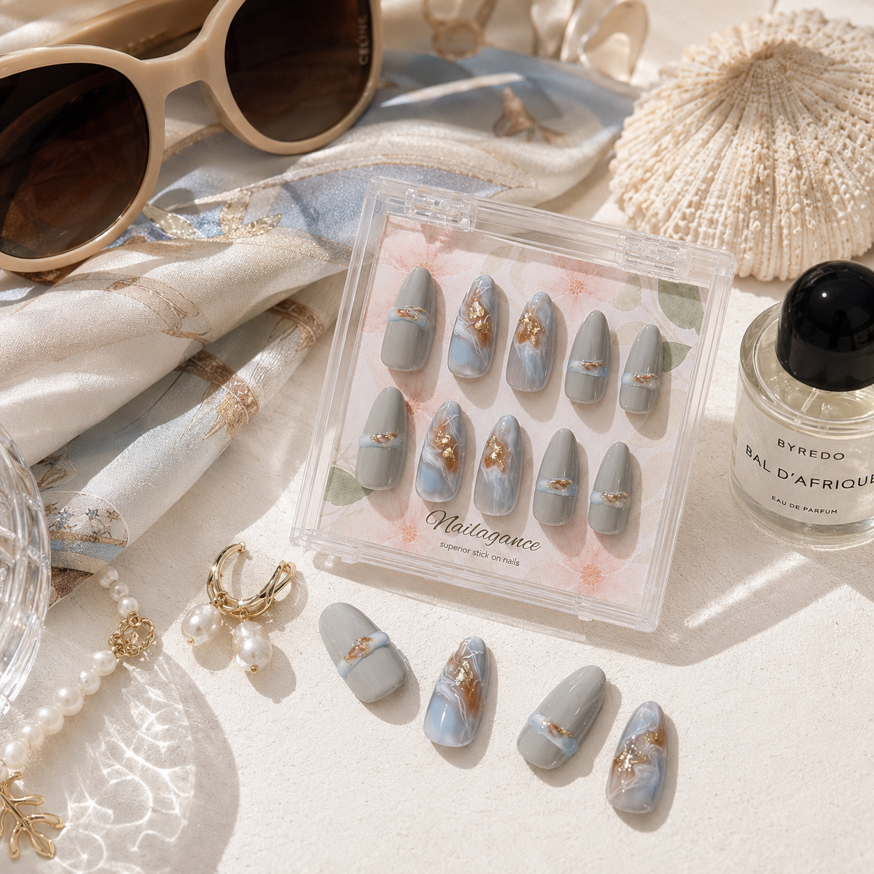 Ocean Veil -- Blue Grey Marble Press On Nails