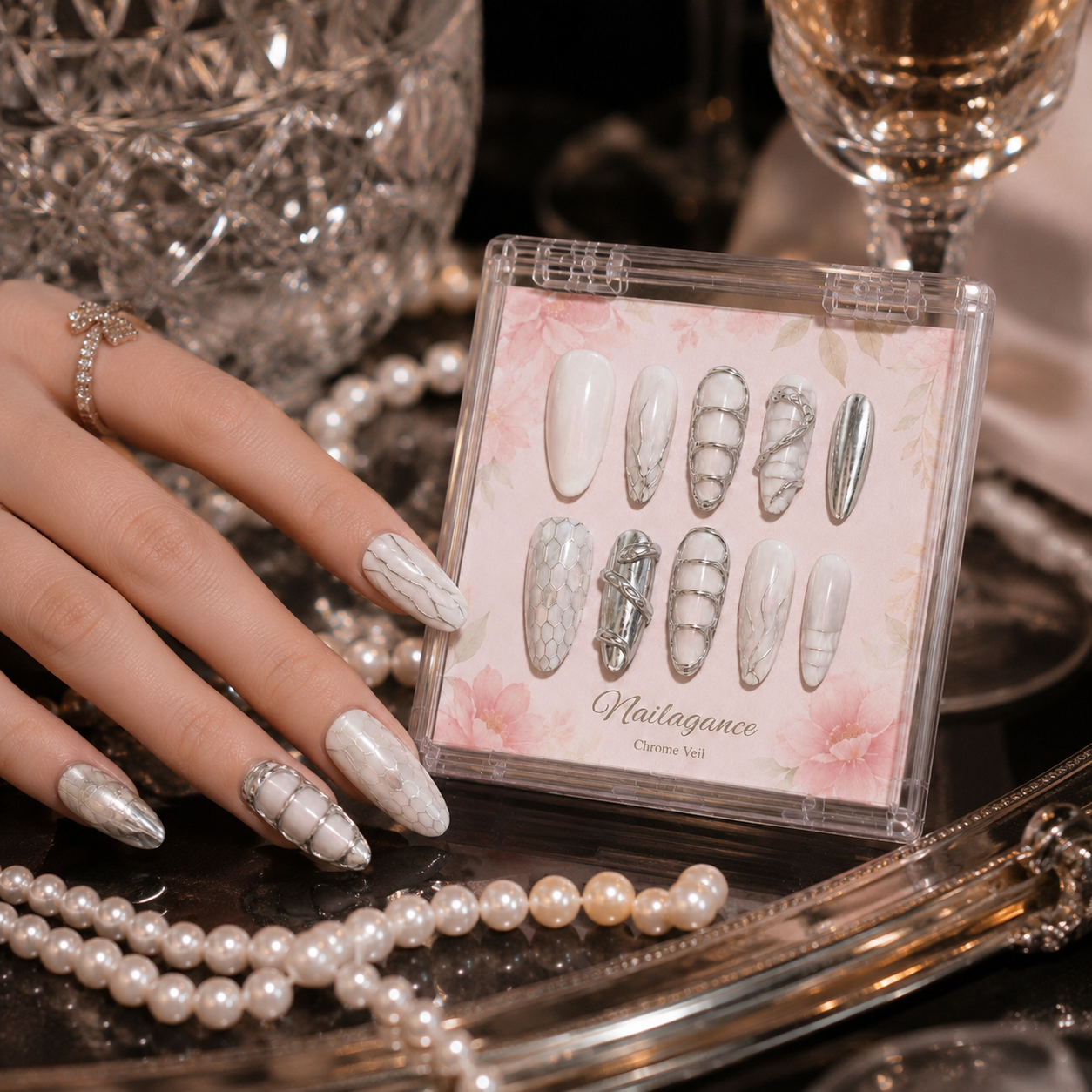 Liquid Moon -- Silver Chrome 3D Party Press-On Nails