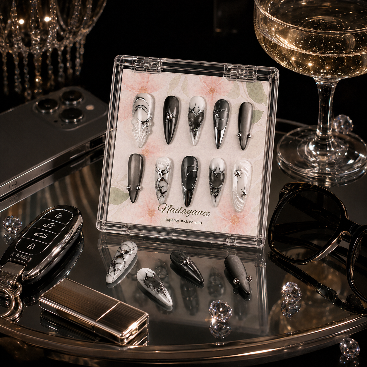 Black Tie Angel -- Black White Chrome 3D Press On Nails
