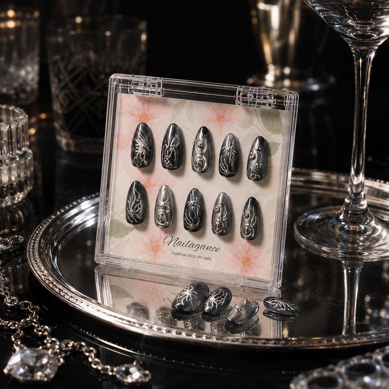 Midnight Venom -- Black Silver 3D Press On Nails