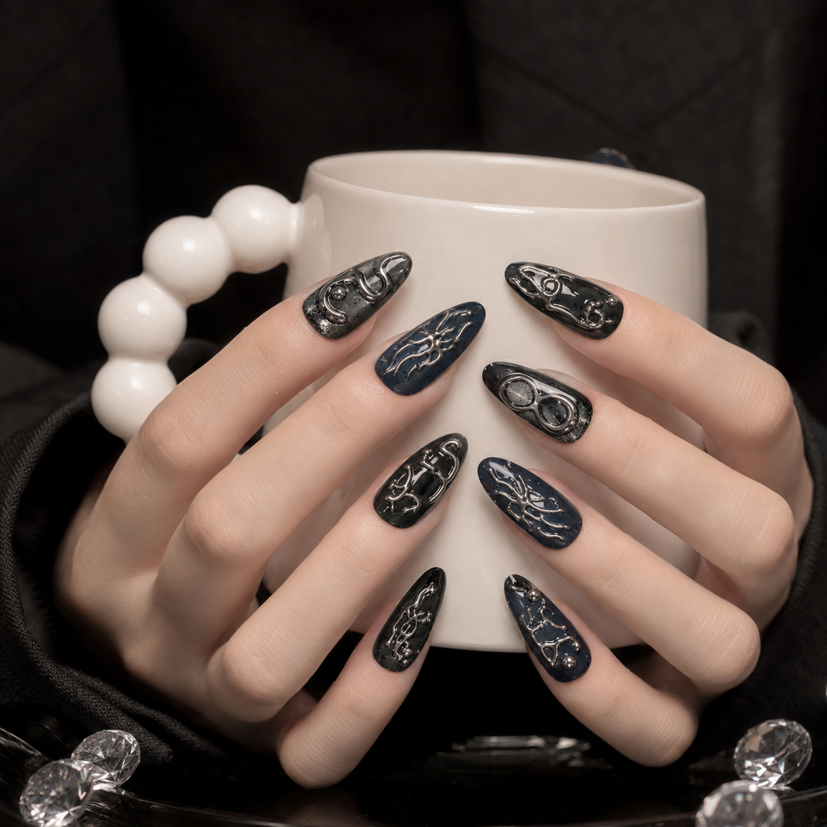 Midnight Venom - Black Silver 3D Press On Nails