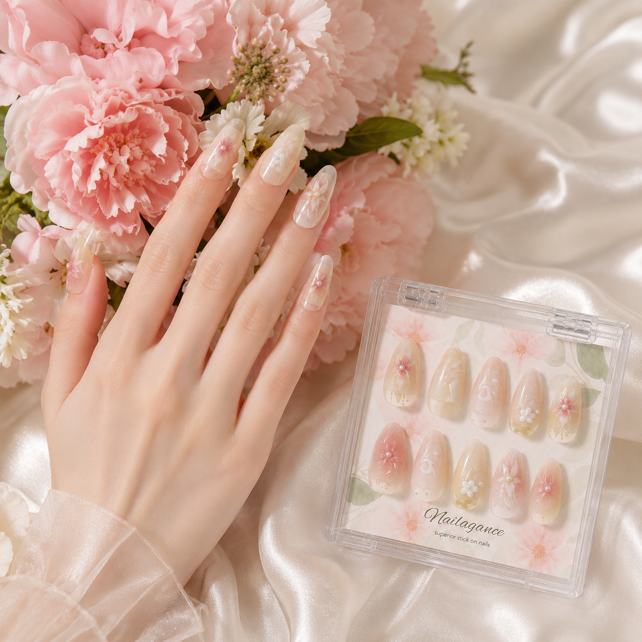 Petal Heirloom | Blush Floral Pearl Press On Nails