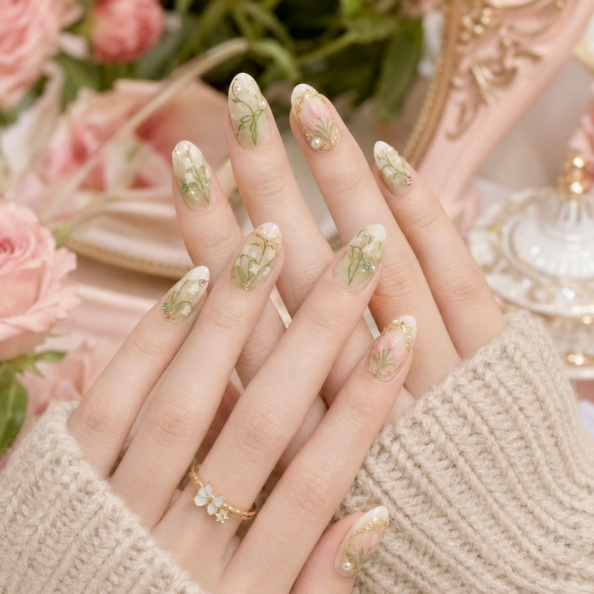 Garden Heiress - Sage Green Floral 3D Press On Nails