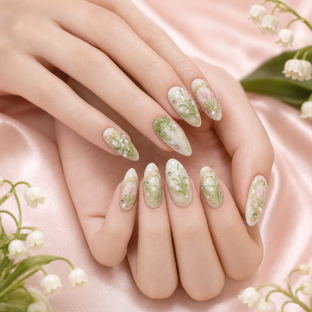 Garden Heiress - Sage Green Floral 3D Press On Nails