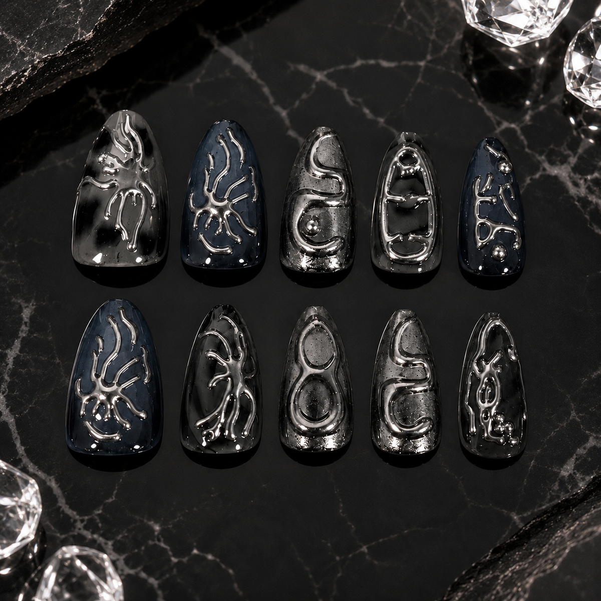 Midnight Venom - Black Silver 3D Press On Nails