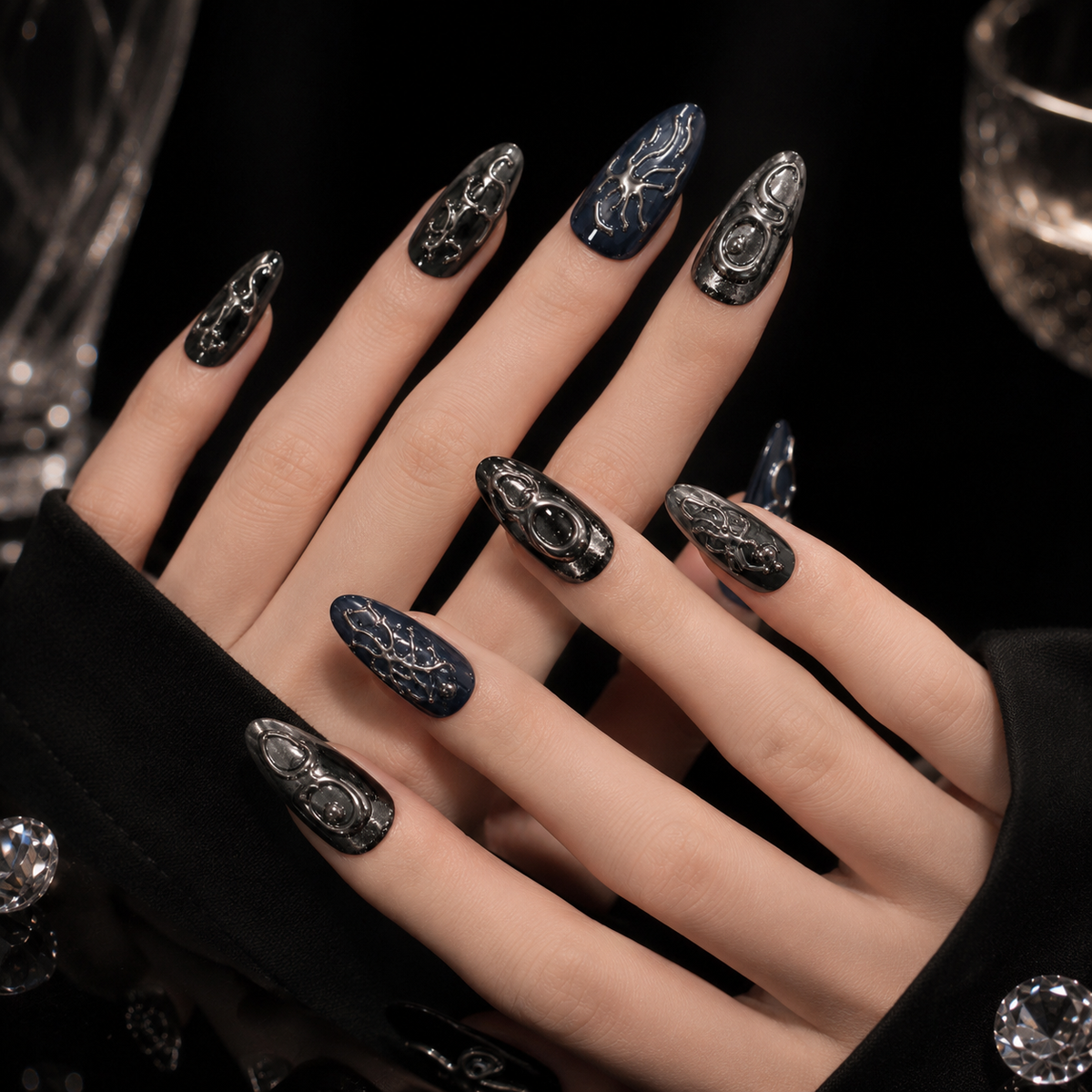 Midnight Venom - Black Silver 3D Press On Nails