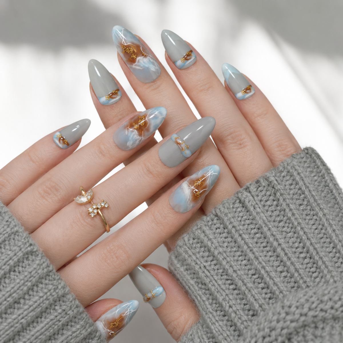 Ocean Veil - Blue Grey Marble Press On Nails