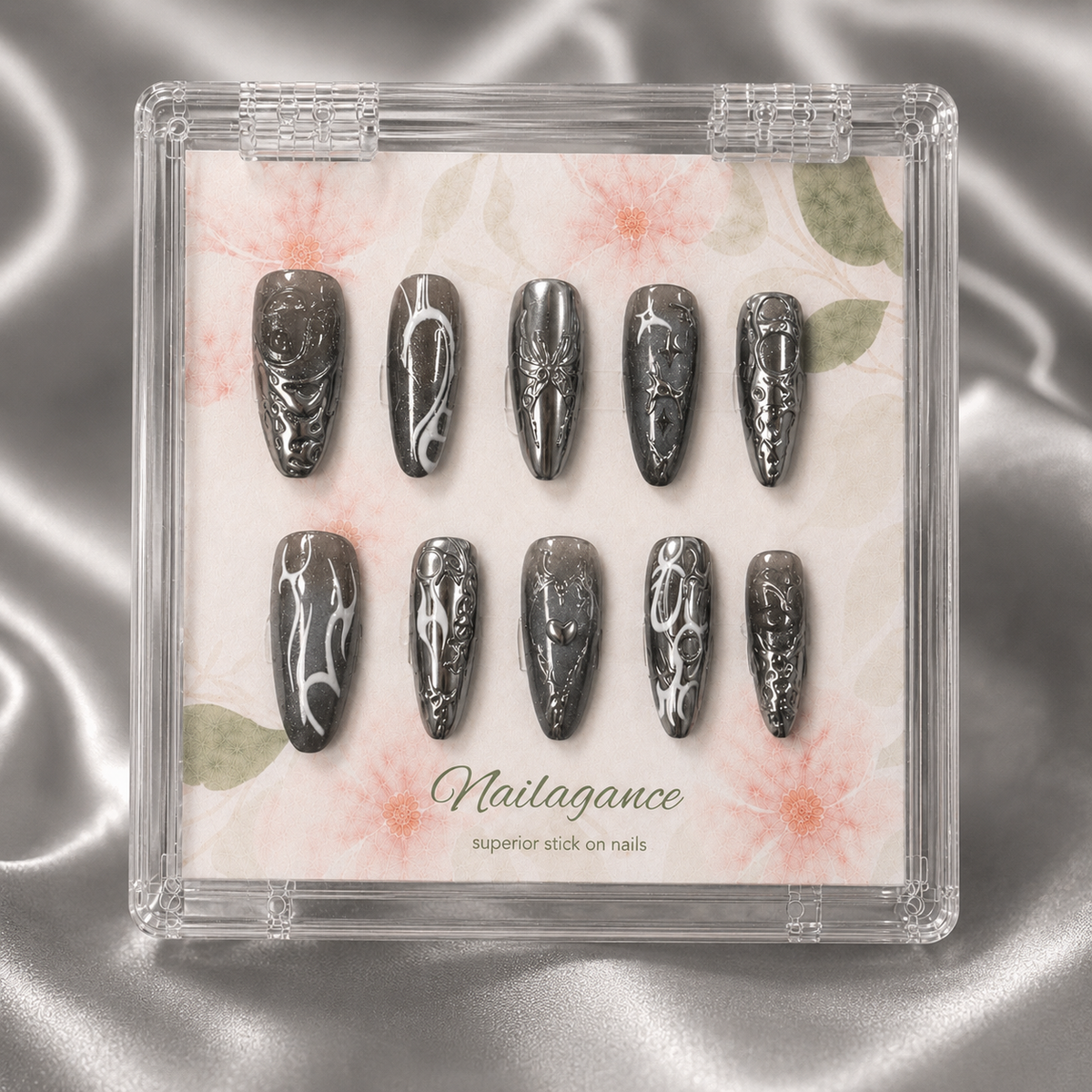 Chrome Noir - Black Silver 3D Press On Nails