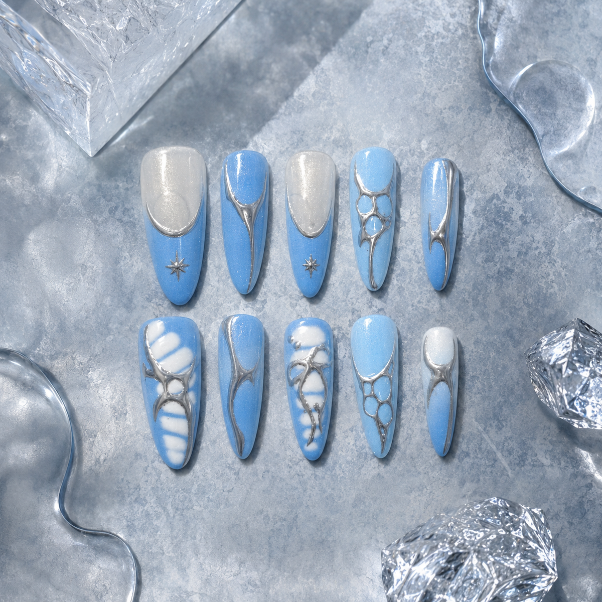 Blue Mirage - Blue Silver Chrome 3D Press On Nails