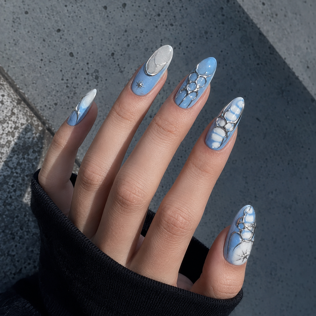 Blue Mirage - Blue Silver Chrome 3D Press On Nails