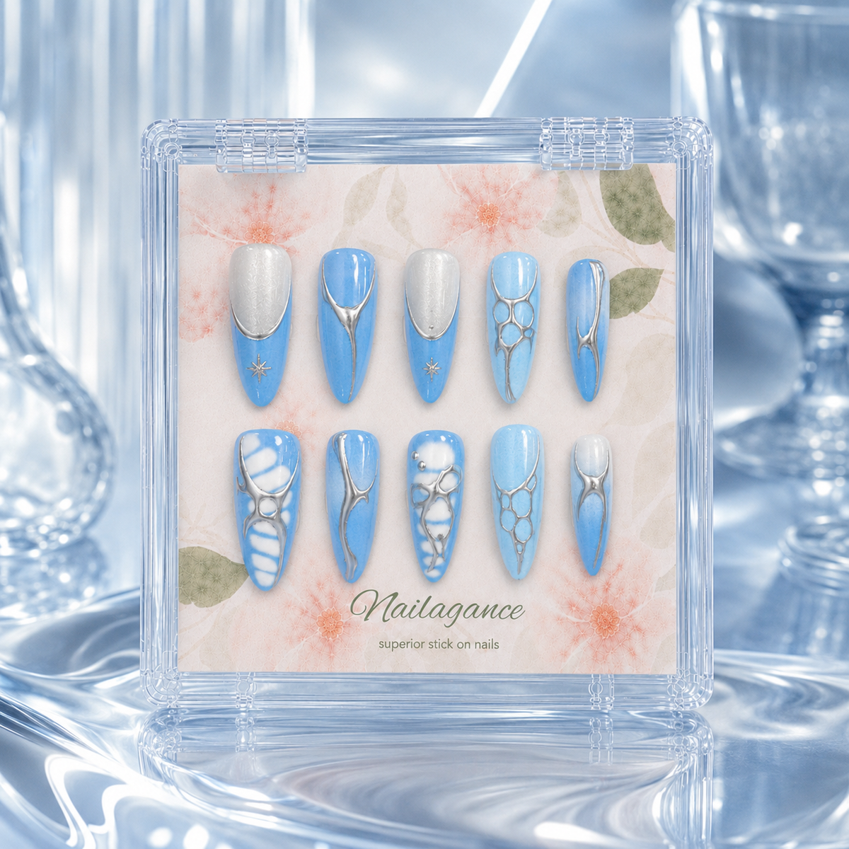 Blue Mirage - Blue Silver Chrome 3D Press On Nails