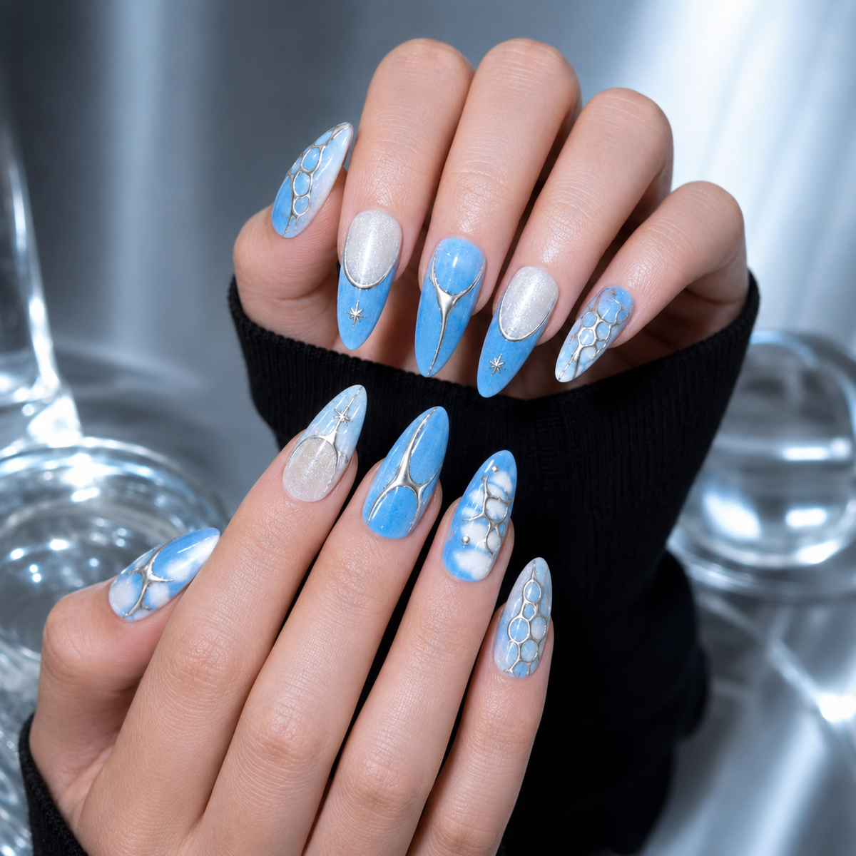 Blue Mirage - Blue Silver Chrome 3D Press On Nails
