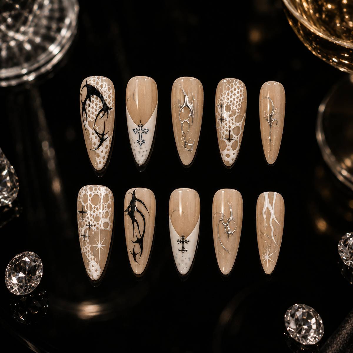 Champagne Ritual - Nude Chrome 3D Press On Nails