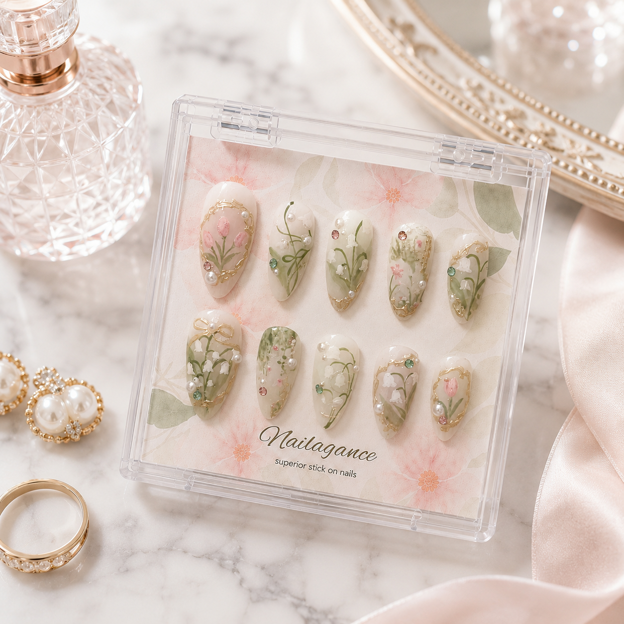 Garden Heiress -- Sage Green Floral 3D Press On Nails
