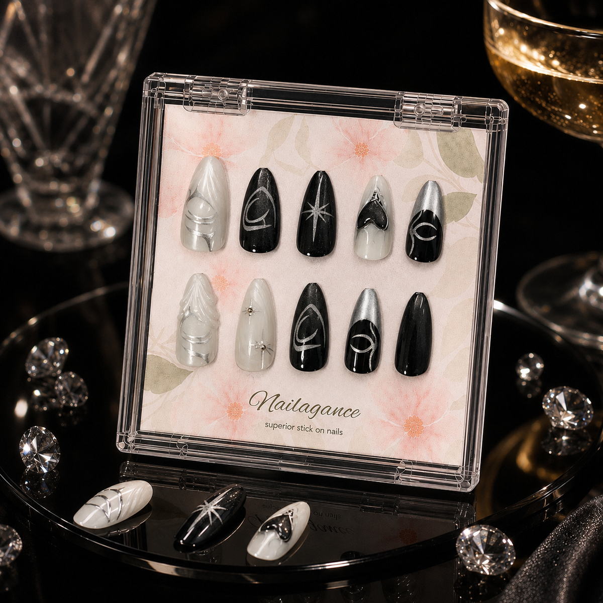 Black Tie Angel - Black White Chrome 3D Press On Nails