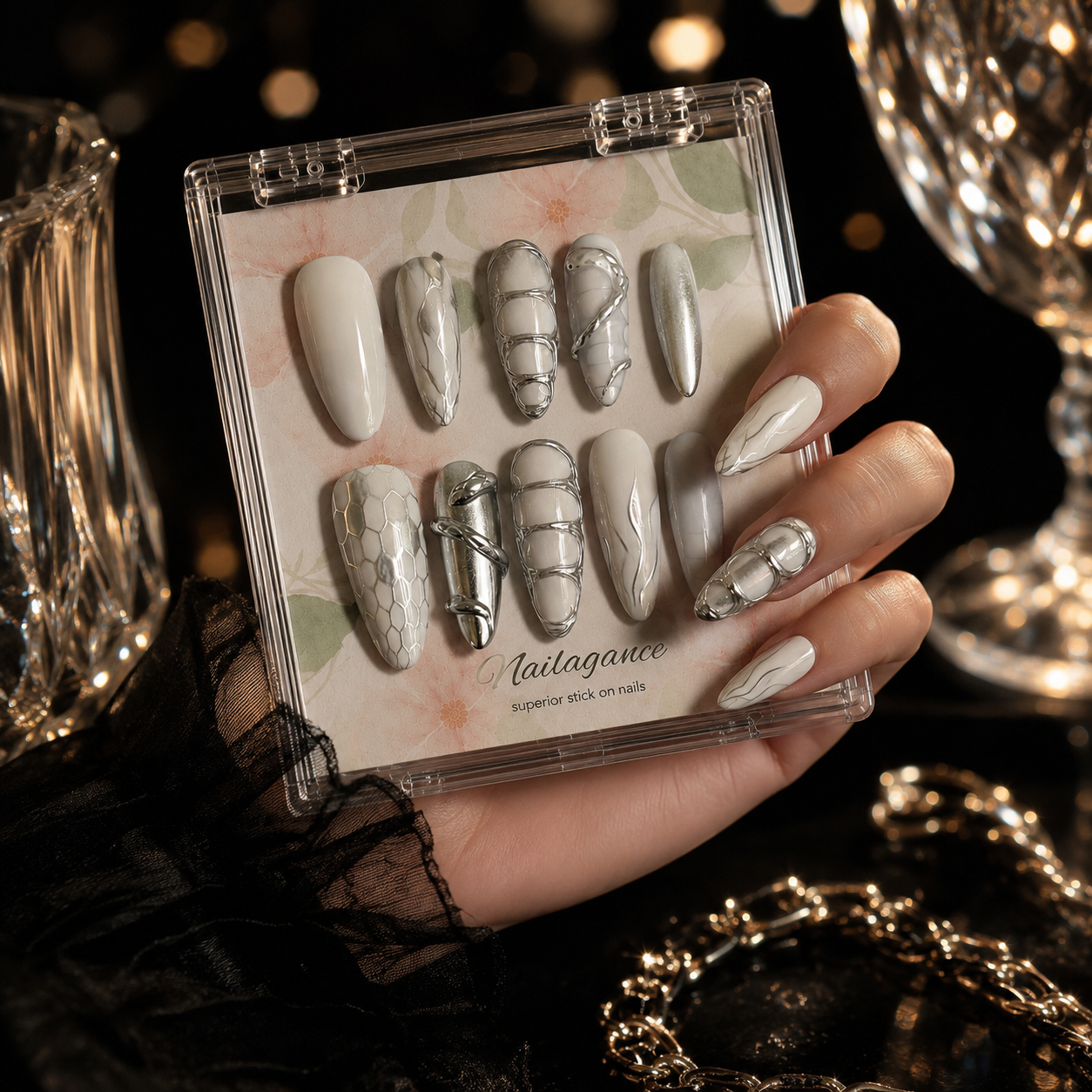 Liquid Moon -- Silver Chrome 3D Party Press-On Nails