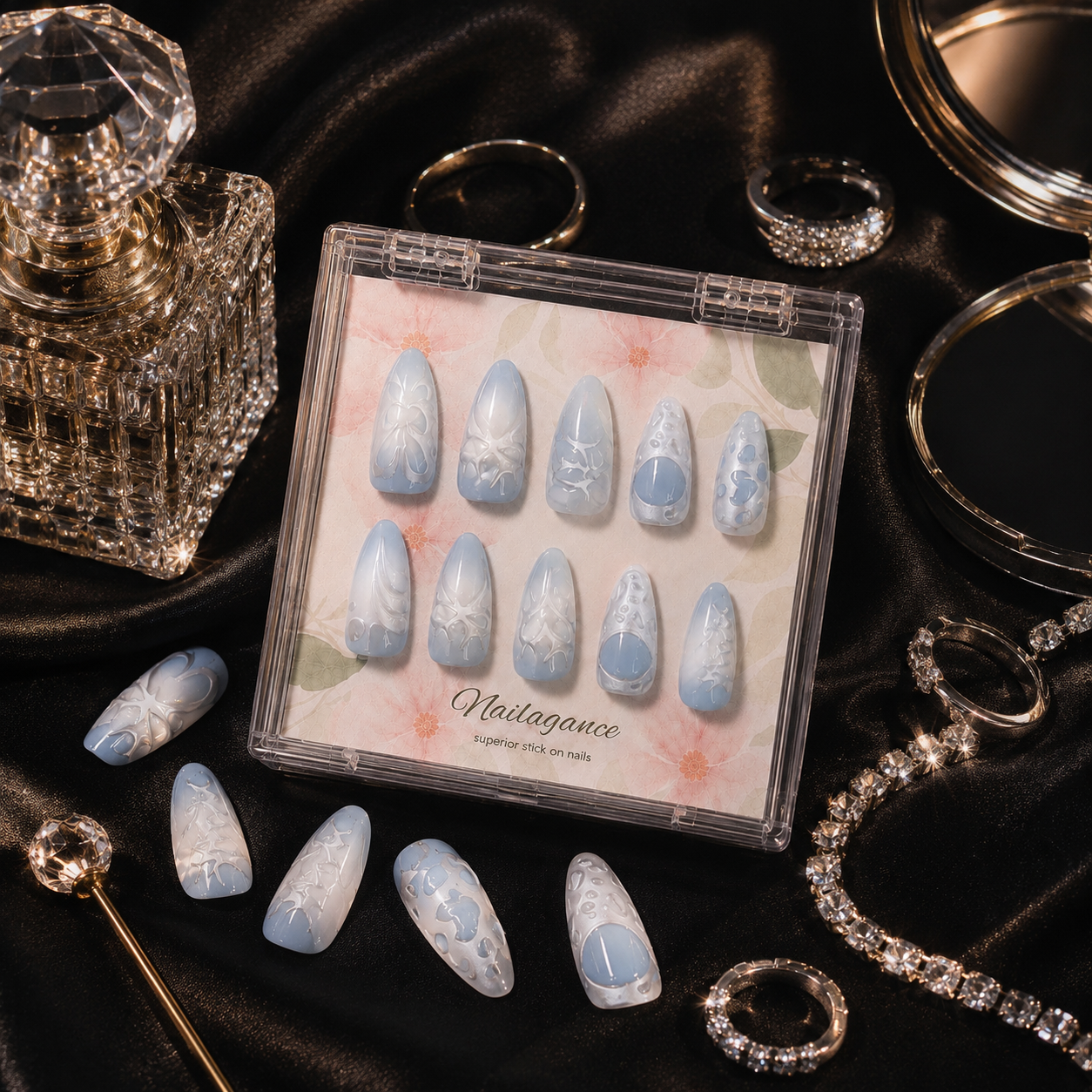 Iced Angel -- Baby Blue 3D Press On Nails