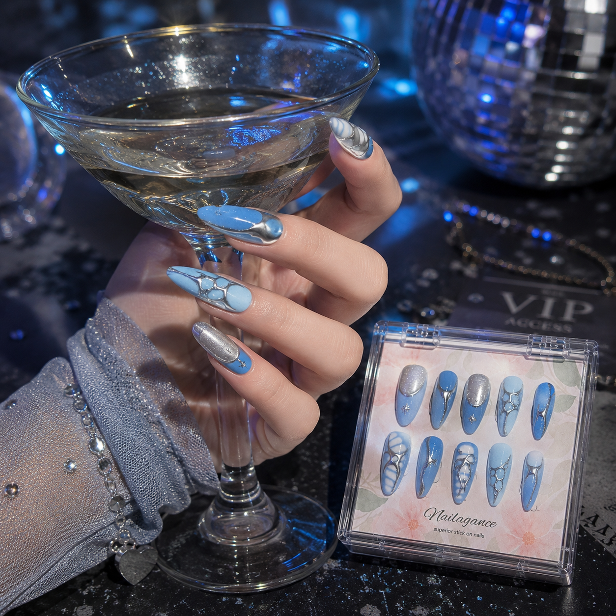 Blue Mirage - Blue Silver Chrome 3D Press On Nails