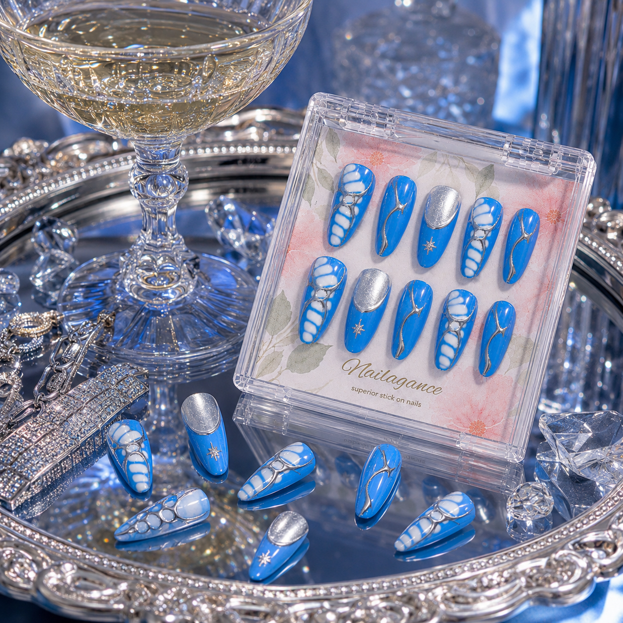 Blue Mirage - Blue Silver Chrome 3D Press On Nails