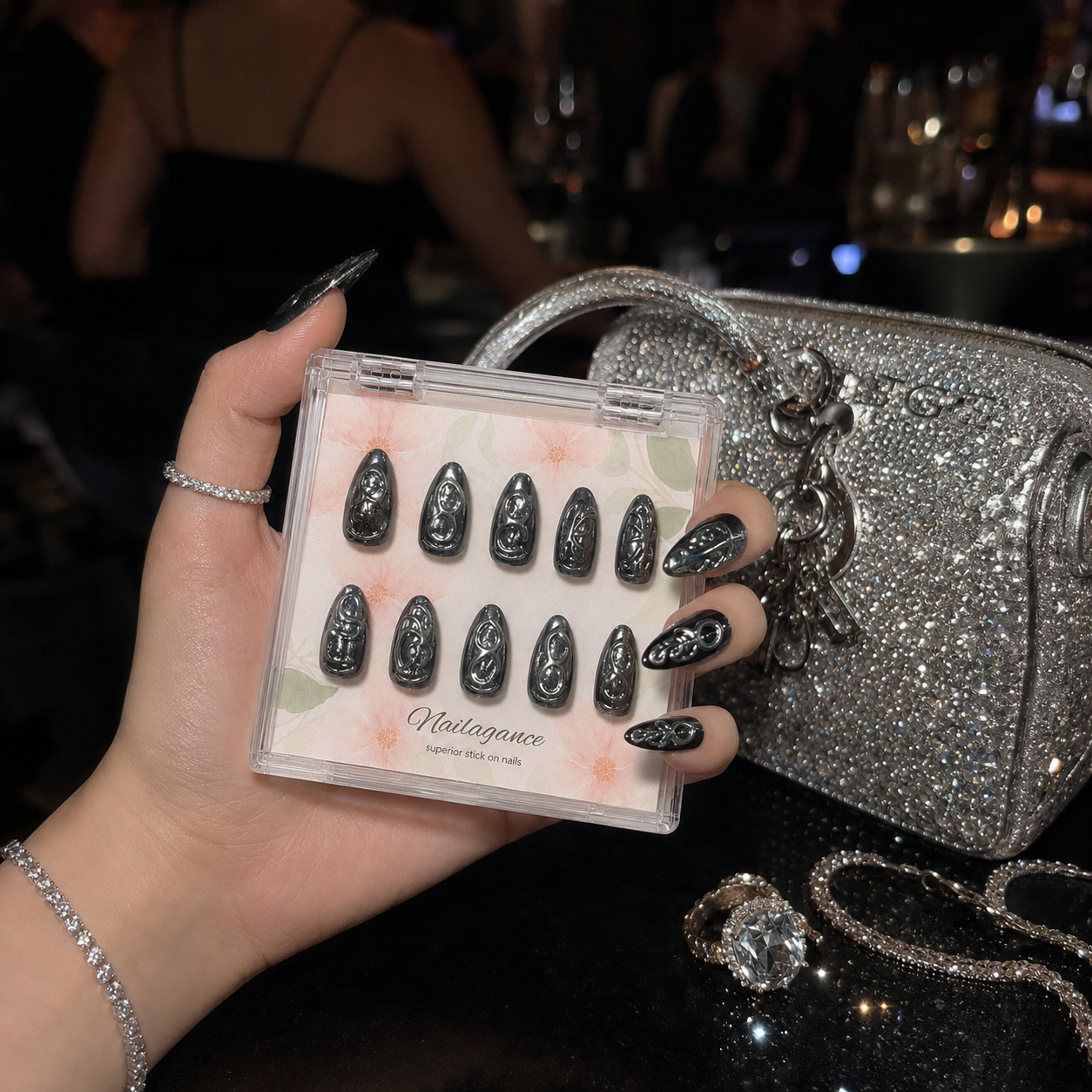 Midnight Venom -- Black Silver 3D Press On Nails