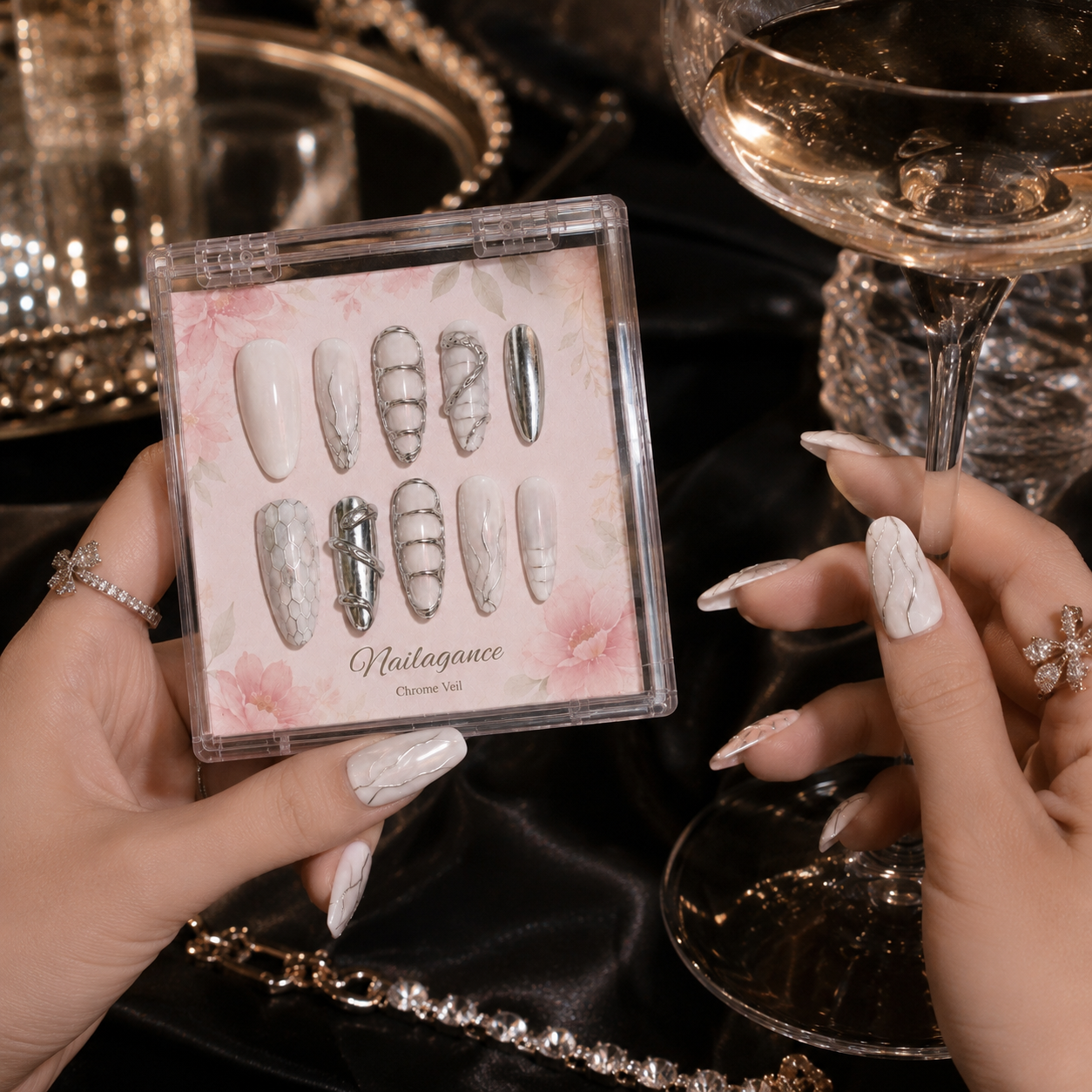 Liquid Moon -- Silver Chrome 3D Party Press-On Nails